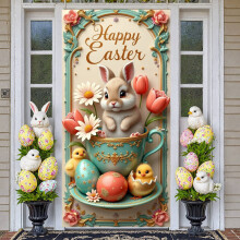 Guirnalda de Pascua con diseño de conejito, huevos, motivos florales y tazas de té – Fondo para fiestas de primavera, decoración del hogar