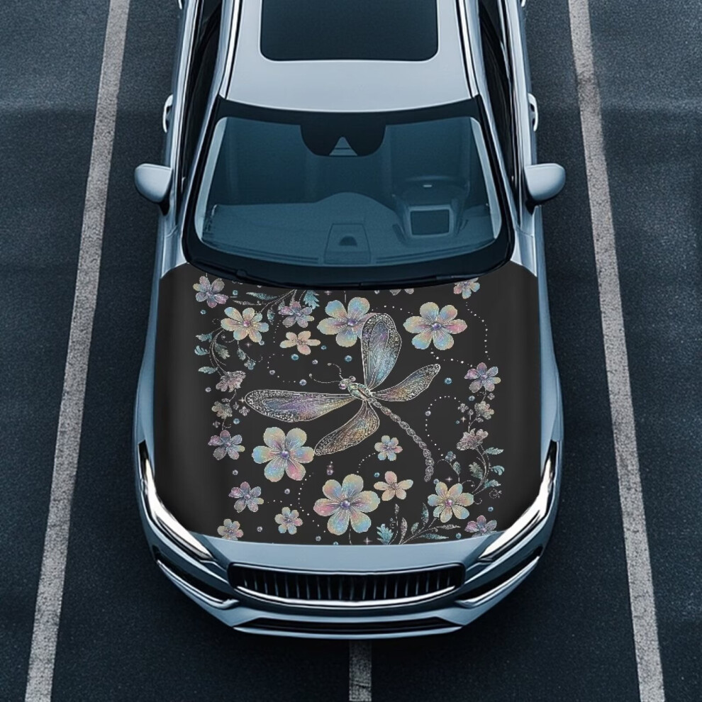 Dragonfly Flowers Stretchable Car Hood Cover Protector Â Premium Sublimation Hood Wrap For Decoration & Protection, Compatible With Most Cars 9426043673185