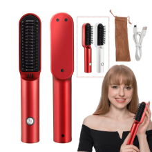 Travel portable charging curling hair comb, dual-purpose ceramic straightener for hair care and growth,red