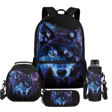 Galaxy Wolf Kids Backpack Boys Backpack with Lunch Bag Pencil Case Water Bottle Bag, 4-in-1 Backpacks Set for Elementary Middle School Bags