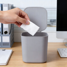 Mini Desktop Trash Can with Lid, Small Countertop Waste Bin for Office, Skincare & Makeup Table, Aesthetic Bedside Bin (White or Grey, 1PC)