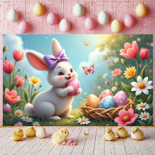 Guirnalda de Pascua de conejito rosa, letras coloridas, fondo de Peeps, huevos de Pascua, decoración de zanahoria, exhibición de conejito para