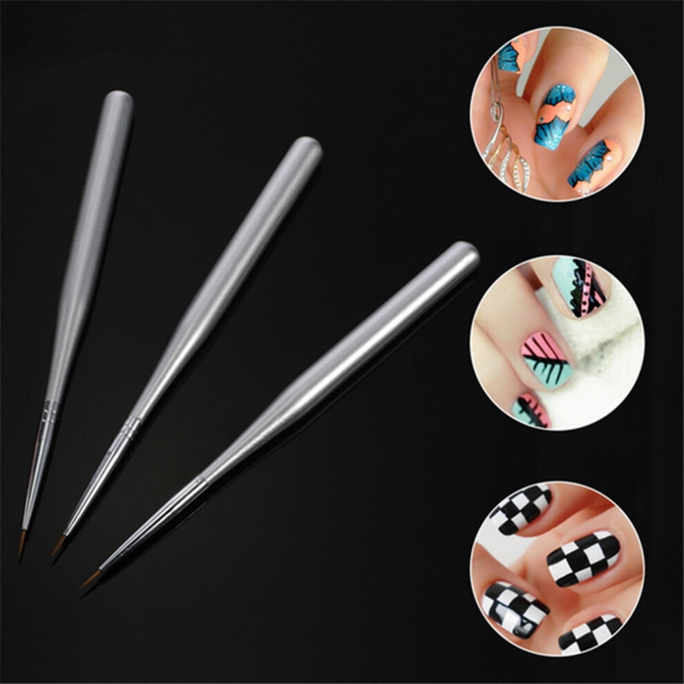Thin Nail Brush 3Pcs Nail Art Liner Brush Silver 8mm Plastic and Nylon for Fine Drawing