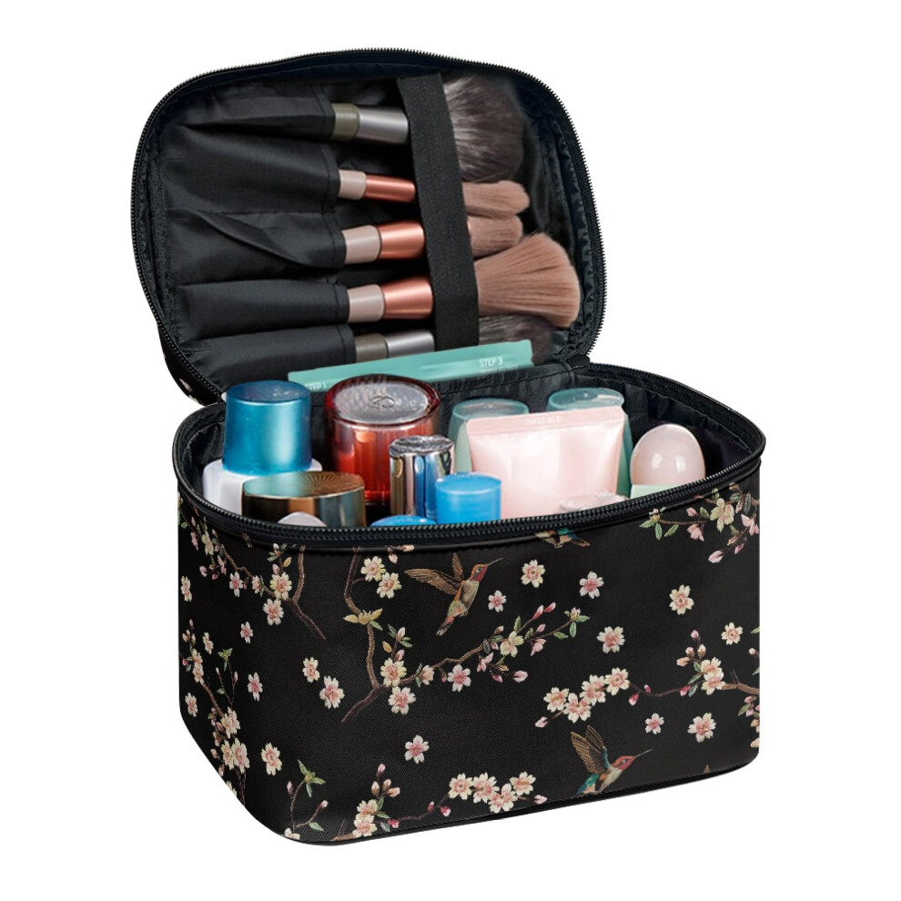 Hummingbird Cherry Blossom Pattern Large Capacity Cosmetic Bags Travel Organizer with Slip-in Pockets Double Zip Gifts for Mom