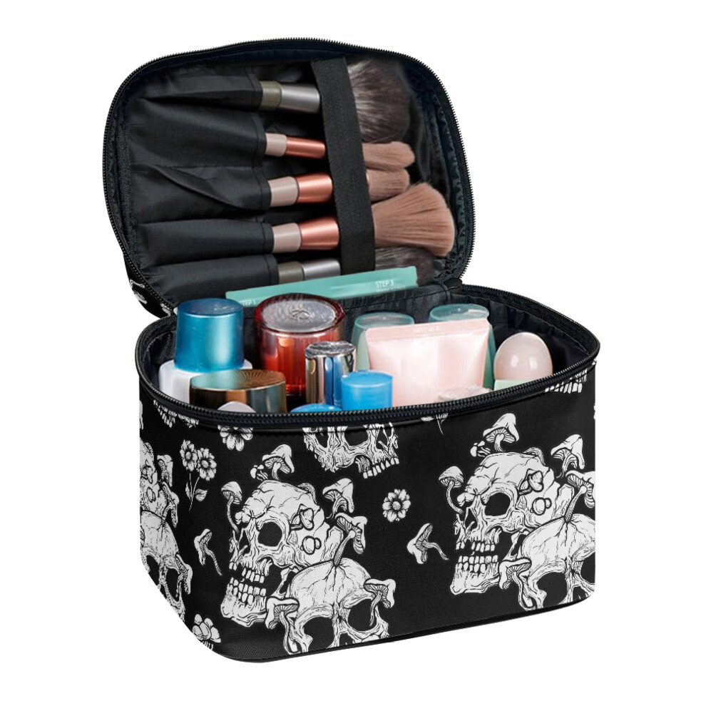 Black/White With Skulls Makeup Brush Holder Travel Cosmetic Bag Brush Protectors Handle Multi-Function Makeup Organizer Brush Slots Friend