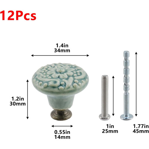 12Pcs Round Ceramic Drawer Knobs Cabinet Furniture Handle Vintage Flower Pattern Knobs, with Mounting Screws,Green 1