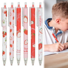 Sunshy Strawberry Click Pens, 6Pcs Pink 0.5mm Black Gel Ink, Retractable, 1ml, Cute Mother's Day Gift for Kids & Teens