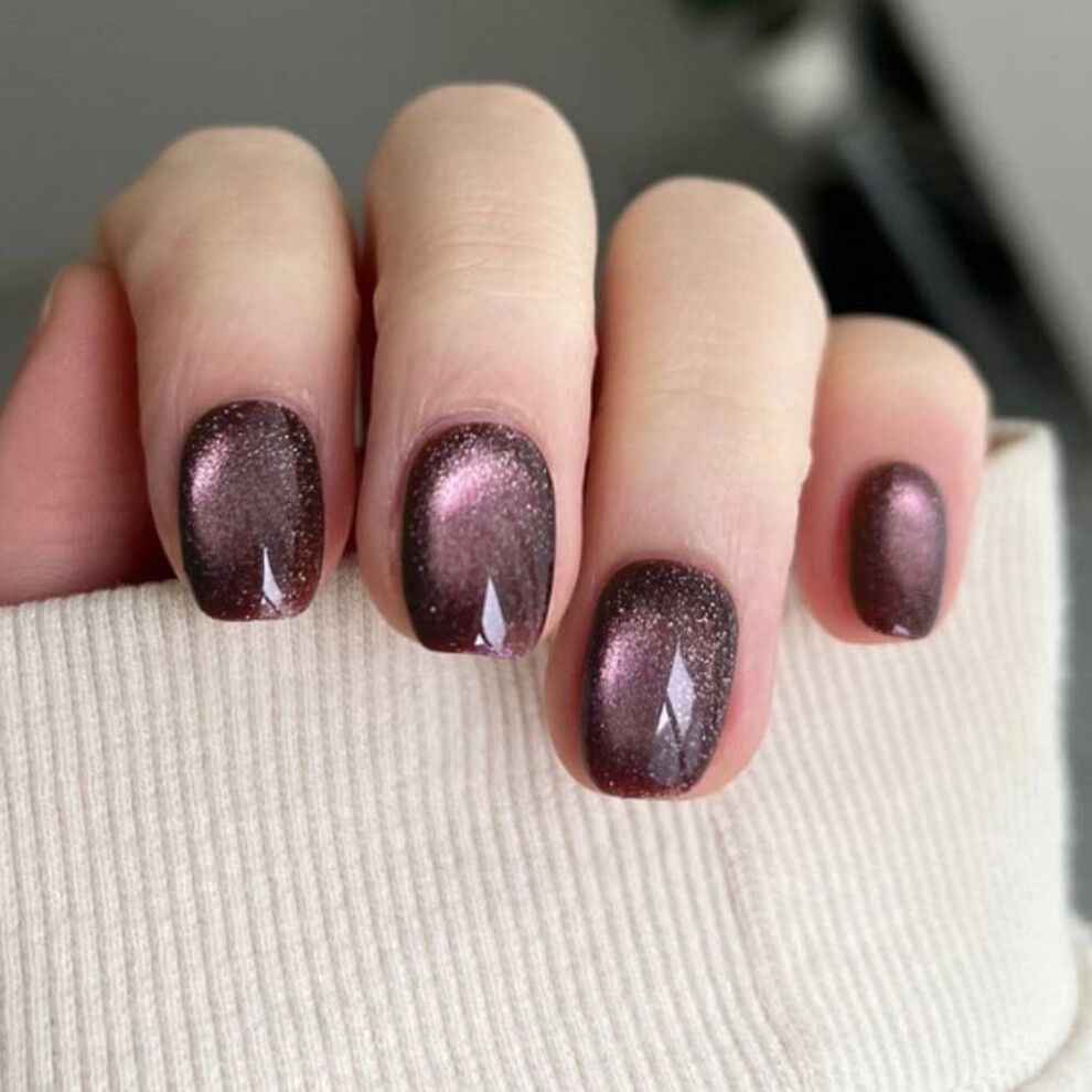 24Pcs French Oval Cats Eye Short Almond Press On Nail Glossy Finish Artificial Fingernails For Festive And Elegant Look