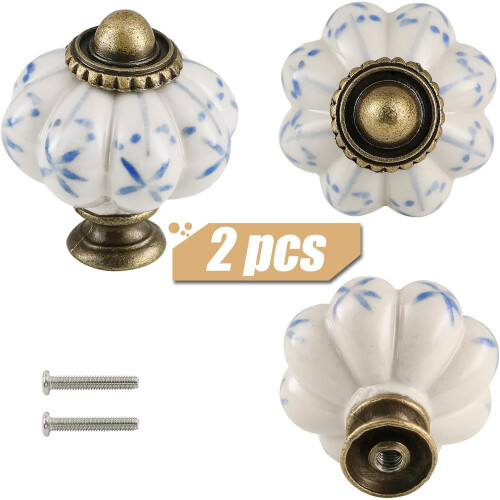 Ivory & Blue Pumpkin Knobs 12 Pack Ceramic Cabinet Knobs Vintage Drawer Pulls - Antique Dresser Pulls with Screws - Blue Flower 1