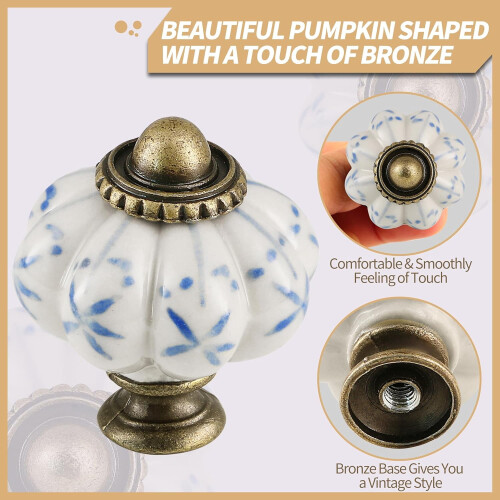 Ivory & Blue Pumpkin Knobs 12 Pack Ceramic Cabinet Knobs Vintage Drawer Pulls - Antique Dresser Pulls with Screws - Blue Flower 2
