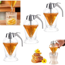 No-Drip Honey Dispenser Glass Jar with Stand, Maple Syrup Dispenser, Honeycomb Design, 3PCS – Compatible with Standard Jars