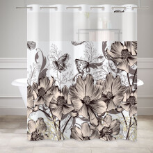 Rideau de douche beige avec doublure Ă pression, rideau de salle de bain en tissu Ă fleurs gris rustique sans crochets, 180 cm 211 cm