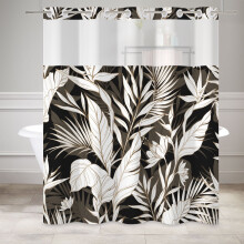 Rideau de douche noir avec doublure à pression, rideau de salle de bain en tissu à motifs de feuilles vert foncé, sans crochets, 180 x 188 cm
