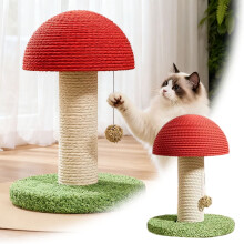 Klösträd för katt med röd svamp, sisalstänger och leksaksboll – 28 cm, söt klösträd för kattungar inomhus