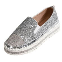 Women's Silver Slip-On Loafers, Rhinestone Decorated Platform Flats, Round Toe, Synthetic, EU36/UK3.5/US5.5, Compatible with Everyday Wear