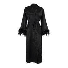 Satin Kimono Robe Long Silky Bath Robe with Ostrich Feather Trim Sleepwear Wedding Bridesmaid Robe Black L