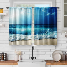 Rideaux de cuisine Ocean Beach – Imprimé vagues tropicales hawaïennes bleues, passe-tringle, 2 panneaux (142 x 91 cm), compatibles avec les
