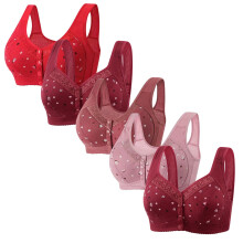 5pcs Daisy Bras For Older Women Front Closure No Underwire Cotton Bras Breathable Comfy Soft Bras With Support And Lift Sports Bra Red 4XL