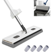 Balai Saker Plus : rotation à 360, essorage automatique pour surfaces sèches et humides, manche réglable + 4 lingettes en microfibre –