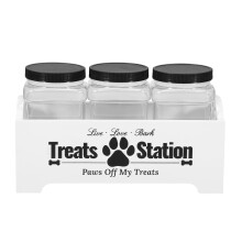 Wood Dog Treat Container with 3 Plastic Jars – Reusable, Decorative Holder Compatible with Dogs & Cats