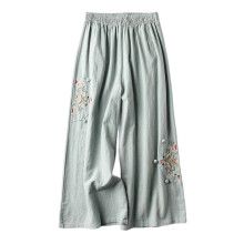 Women' S Culottes Linen Blend Wide Leg Pants Elastic Waist Casual Palazzo Trousers With Pockets Capris (Green,XXL)
