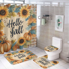 Hello Fall Wreath Shower Curtain Set (4 pcs) – Sunflower & Pumpkin Design, Waterproof, Compatible with Bathroom Decor