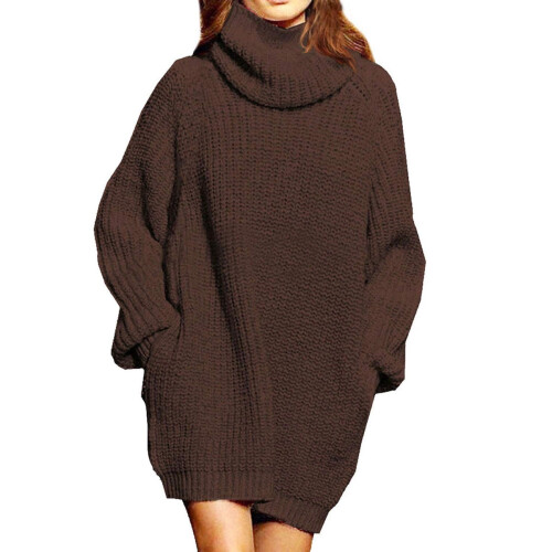 Women's Turtleneck Sweater-Oversized Sweater Loose Pullover Knit Dress(Brown) M