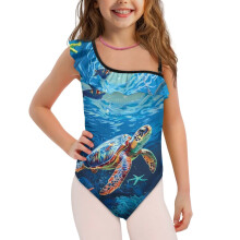 Kids One Piece Bathing Suits for Girls Sea Turtle 1-Shoulder Beach Sport Swimsuit Adjustable Strap Summer Vacation Swimwear, Size 7-8