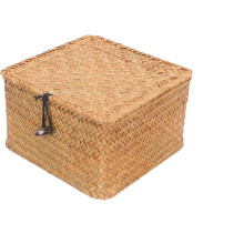 Huhao Seagrass Basket with Lid Wicker Storage Basket Square Handwoven Decorative Baskets Box for Shelf Multipurpose Household Basket Home Decor