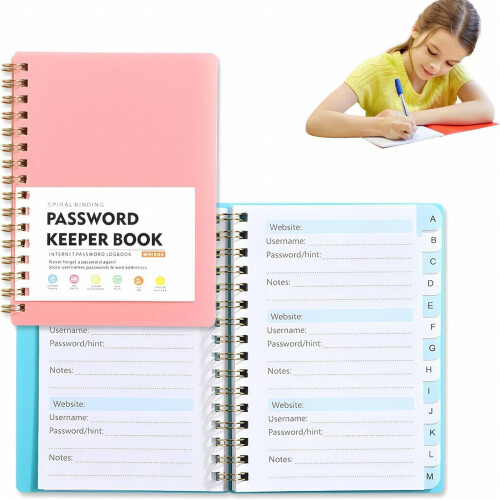 Mini Spiral Password Keeper Book, 4.25x5.7", Pink, with Alphabetical Tabs, Internet & Password Organizer