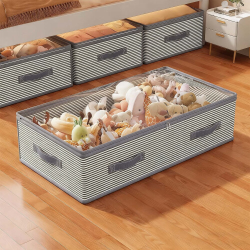 Stackable Storage Bins with Lids, Foldable Under-Bed Boxes, Striped Design – Space-Saving for Clothes, Blankets, Bedding & Moving