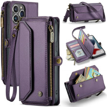 RFID-Blocking Crossbody Wallet Case for iPhone 13 Pro Max – 10-Card Holder, Zipper Bills Slot, Soft PU Leather, Magnetic Strap