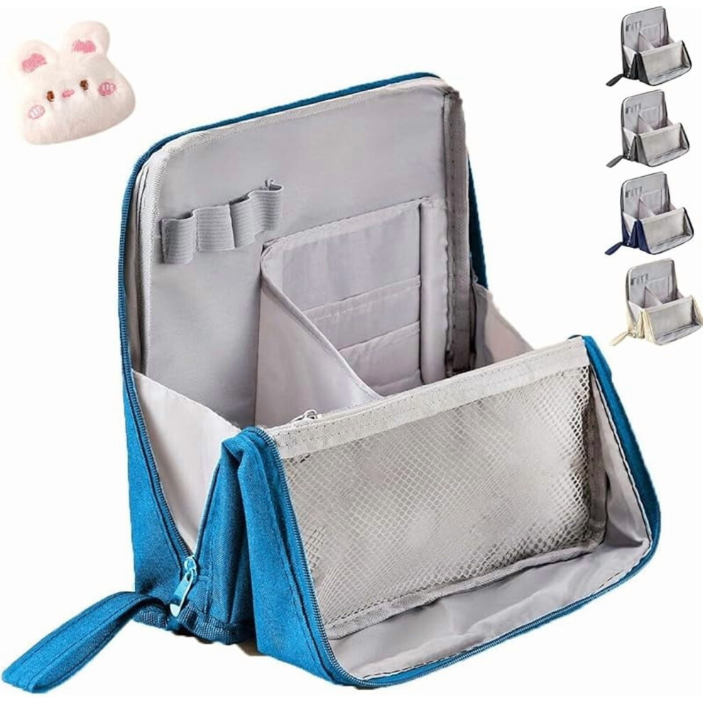 Blue Standing Makeup Bag, Large Capacity, Waterproof Oxford Cloth, Vertical Opening With Compartments (Peacock )