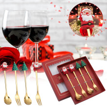 4Pc/6pc Stainless Steel Christmas Spoon Gift Set Dessert Spoon Fork Coffee Spoon Christmas Pendant Spoon Set Christmas Tableware Gift Set