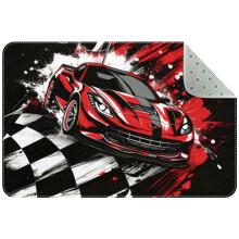Small washable kitchen rug with racing car & checkered flag, non-slip indoor door mat for entryway, bathroom, bedroom—compatible with all floors
