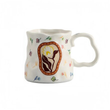 High End Floral Irregular Ceramic Mug, Cute Flower Coffee Cup with Big Handle, Handmade Milk Breakfast Mug, for Tea, Kitchen or Cafe, Gift for Her