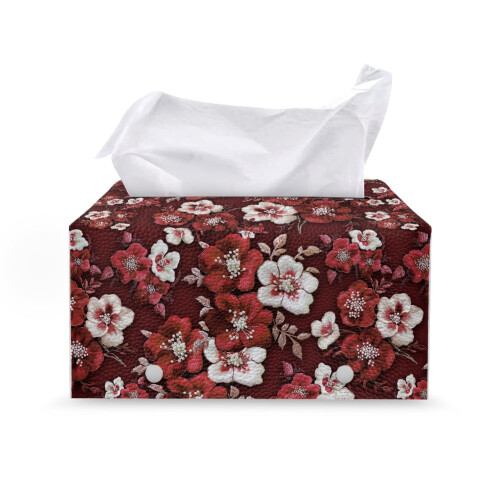 Floral PU Leather Tissue Box Cover with Snap Button – Rectangular Full-Coverage Design for Women, Compatible with Standard Tissue Boxes