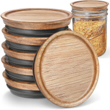 6 tapas de madera de acacia de boca regular + 6 de boca ancha para tarros Mason con cierre hermético de silicona, compatibles con tarros Ball/Mason.