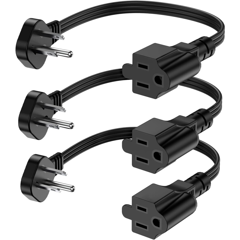 Flat Plug Short Extension Cord 1Ft Low Profile Adapter 3 Prong Indoor Small Grounded Power Cable Outlet Saver 16Awg 13A 1625W 3 Pack Black 9426043908560