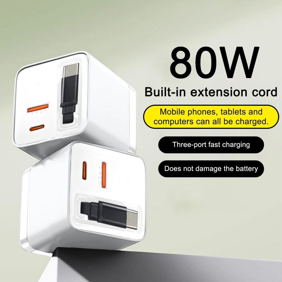 80W 3-In-1 Retractable Wall Charger With Usb-C Cable And 2 Usb Ports For Fast Charging Phones Laptops Tablets 9426043834852