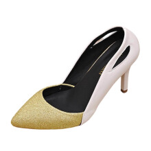 Gold Womens Fashion Pointed Toe Stiletto Heel Dress Sandals Openwork Glitter Party Pu Shoes 1Pc With Shoe Box Size 37 Eu Foot Length 9.25 Inches