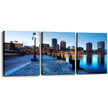 3-Piece Boston Harbor Night Canvas Art – Modern Massachusetts Cityscape, Downtown Skyscrapers over Harbor, 12"x16" Prints