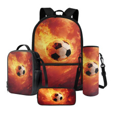 Kids Soccer Fire Print Backpack Set (4 pcs) with Lunch Box, Bottle Holder & Pencil Bag – Compatible with Kindergarten & Elementary School