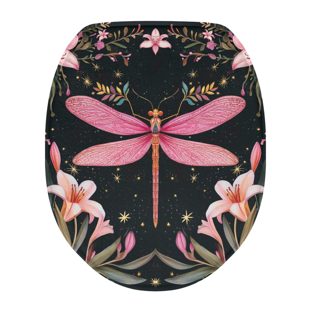 Dragonfly Flower Flannel Toilet Cover, Machine Washable, Elongated, Elastic Bottom, Skin-Friendly Â Compatible With Standard Toilets 9180435455949