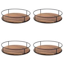 4pcs Acacia Wood Lazy Susan Turntable Organizer – 9"/7"/6" Rotating Spice Rack with Steel Sides, Compatible with Kitchen Countertop, Cabinet, Pantry