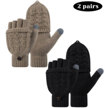 2Pcs Winter Fingerless Gloves Mittens for Women Men Warm Wool Knitted Convertible Flip Top Mittens Cold WeatherBlack and Brown