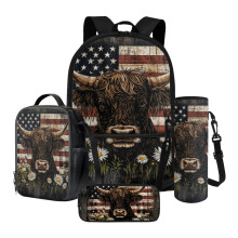 Vintage American Flag & Daisy Kids Backpack Set (4 pcs): Backpack, Lunch Box, Pencil Case, Bottle Holder – Compatible with School Use