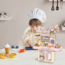 Mini Kitchen Playset, 33 PCS Pretend Cooking Toy with Steam Light, Role-Play Food Set, Interactive Educational Gift for Boys & Girls