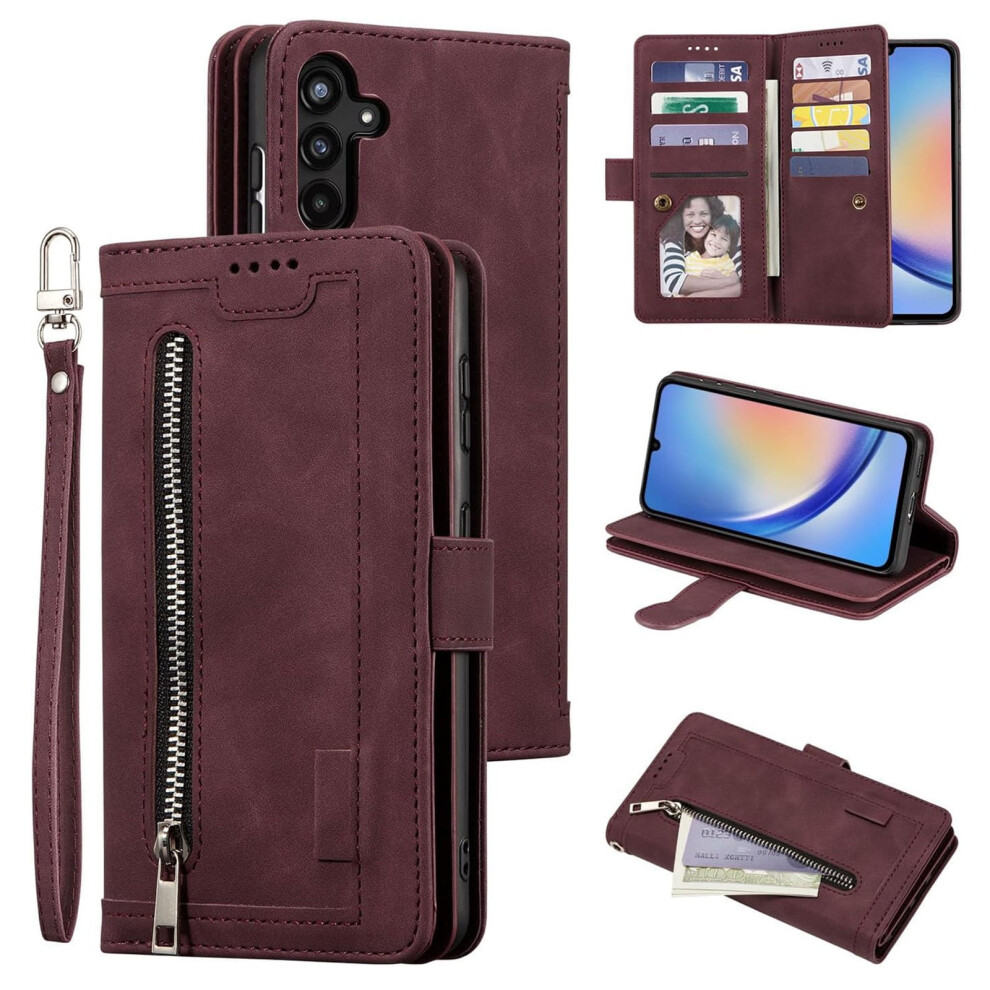 Wallet Case For Compatible With Samsung Galaxy A16 5G Â Shockproof, 9-Card Holder, Magnetic Closure, Kickstand, Wrist Strap, Winered Tpu Flip Cover 9426043831684