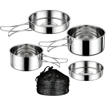 Juego de utensilios de cocina para acampar de 4 piezas, acero inoxidable 304, ollas apilables portátiles, equipo ligero para mochileros,